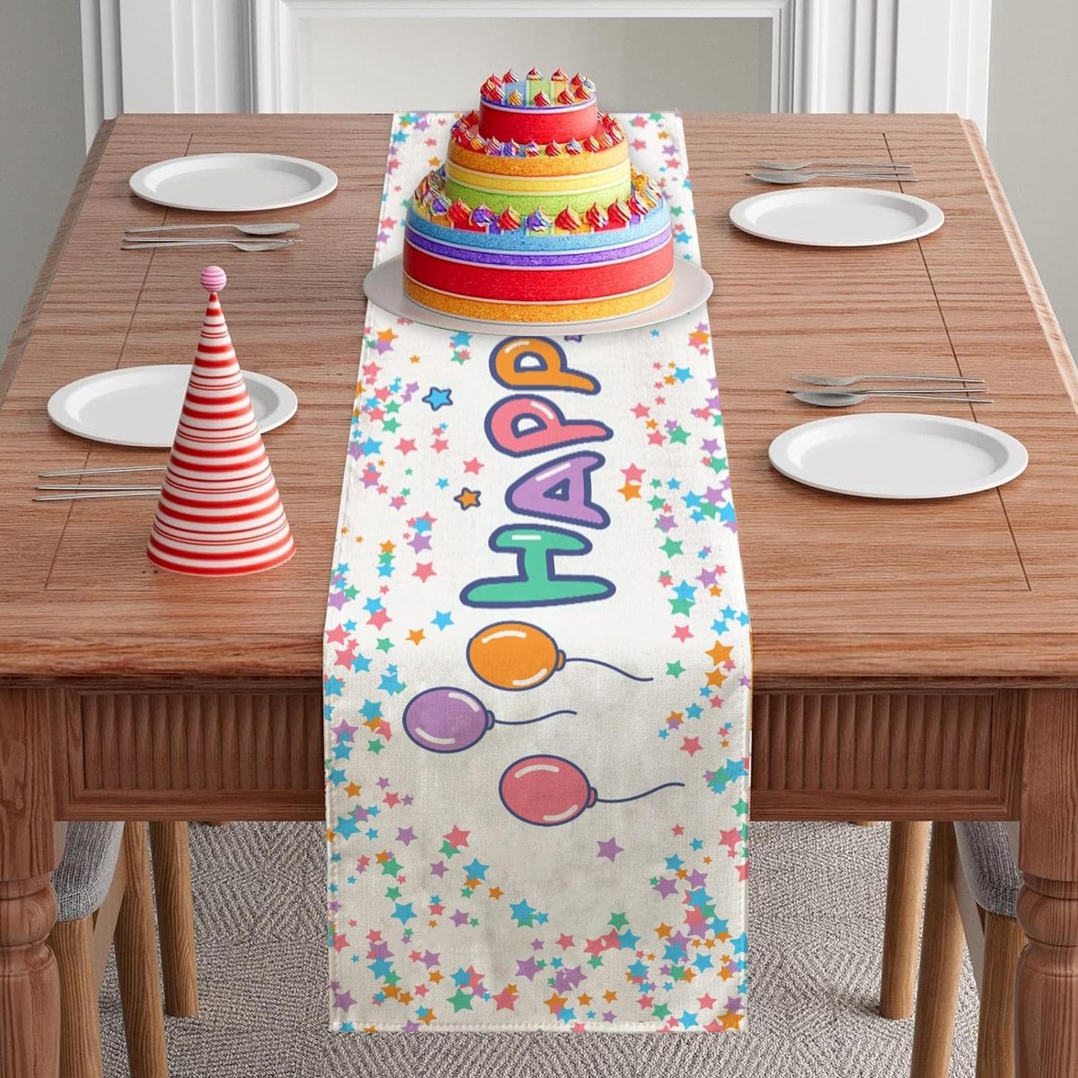 Dailygoods- Tafelloper Verjaardag - Kleurrijk Motief - Ballonnen/Sterren - Tafeldecoratie - Voor 4-6 Personen - Hoogwaardig Materiaal - Tafelkleed