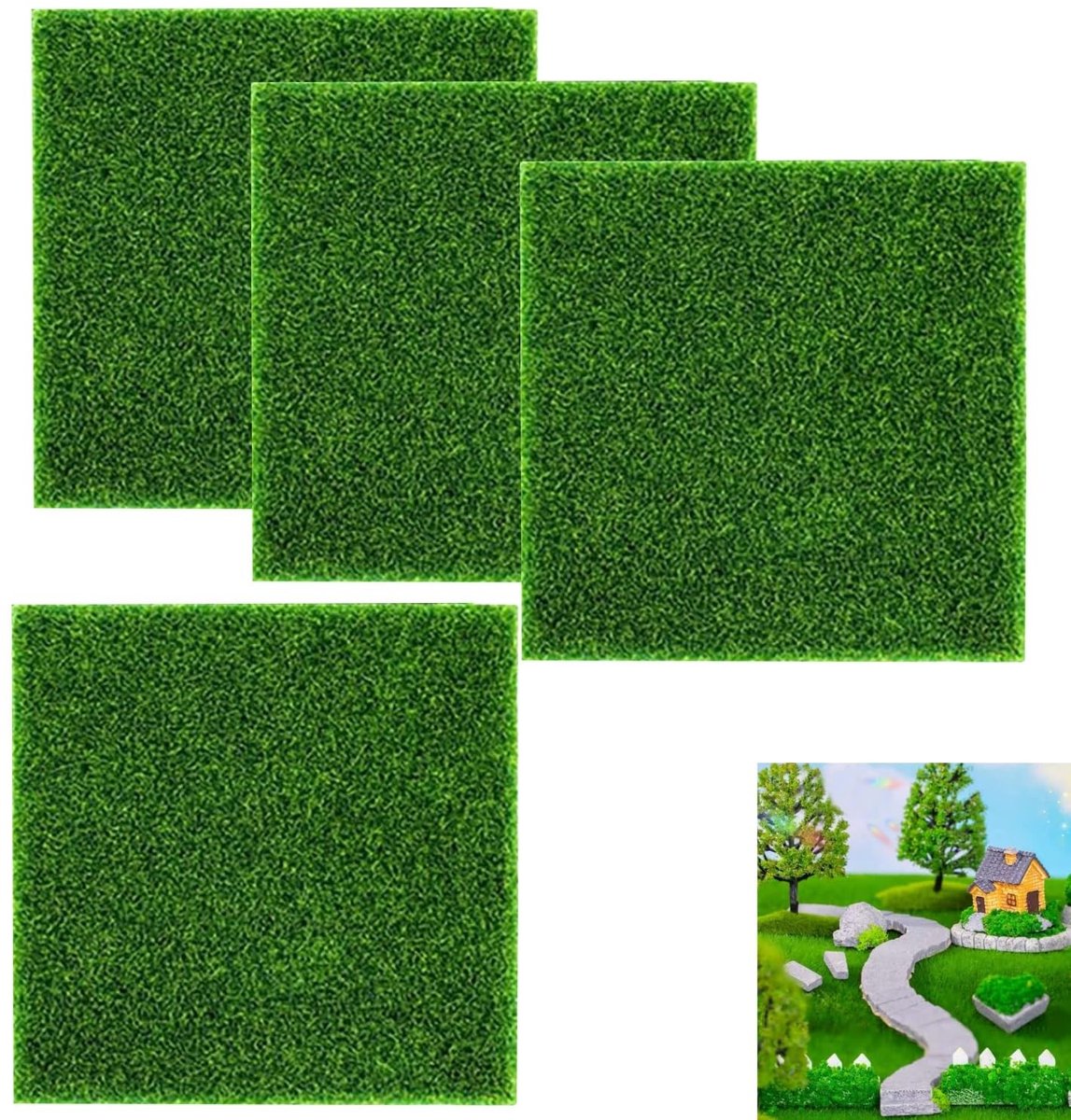 Dailygoods- Kunstgras 4 Stuks 15 x 15 cm - Groen - Doe-het-zelf Decoratie - Micro-tuin - Poppenhuis - Natuurlijk Effect - Nepgras