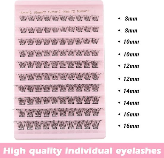 Roze doosje met individuele wimpers in verschillende lengtes van 8 tot 16mm. Tekst: High quality individual eyelashes.