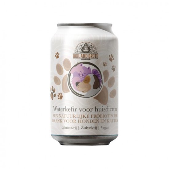 Wit blikje met waterkefir voor huisdieren. Met kat en hond illustratie en pootafdrukken. Glutenvrij, zuivelfree, vegan.