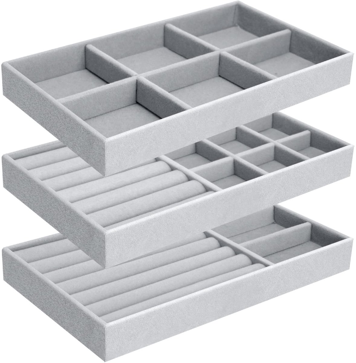 Dailygoods- Sieradenbox 3-delig - Opbergdoos voor Ringen/Oorbellen/Hangertjes - Verstelbare Indeling - Hoogwaardige Velvet - 21 x 12,5 x 2,5 cm - Juwelendoos
