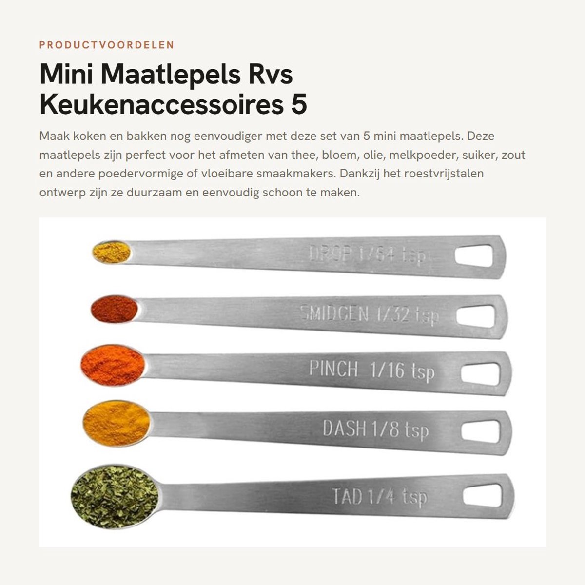 Dailygoods- Maatlepels Set van 5 - Roestvrij Staal - Voor Thee/Bloem/Olie - Nauwkeurige Controle - Maatlepels 1/4 en 1/8 Theelepel - Keukenlepel