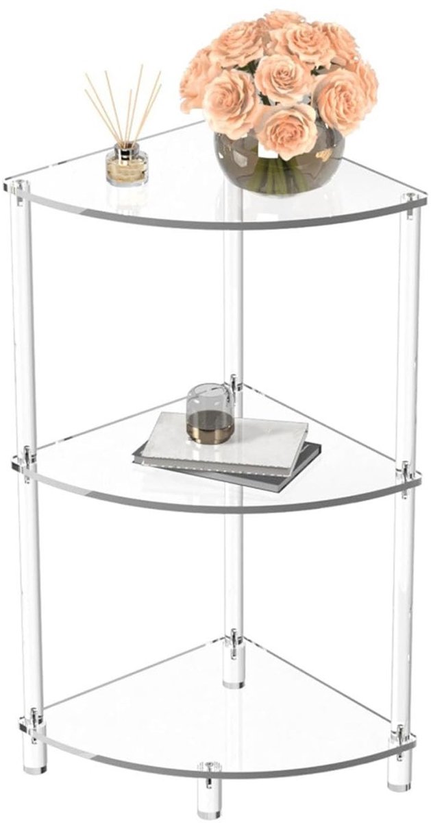 Dailygoods- Bijzettafel Helder Acryl - 3-laags Hoektafel - Wandbijzettafel - Bijzettafel voor Slaapkamer - Badkamer/Woonkamer - Kleine Ruimtes