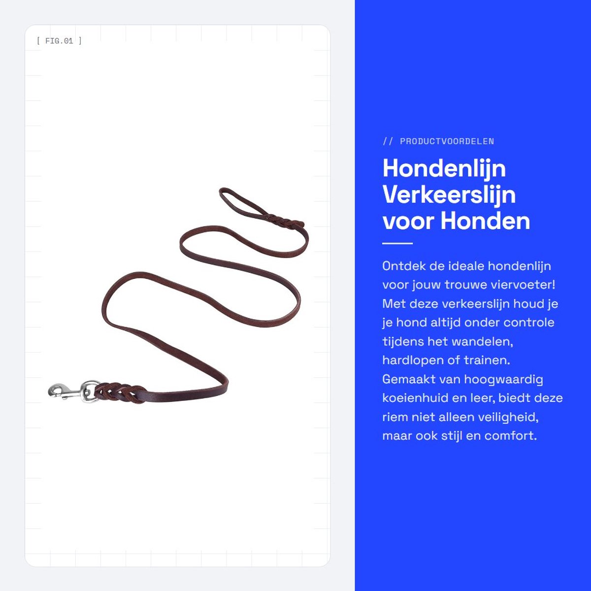 Dailygoods- Hondenlijn 1,5 meter - Verkeerslijn - Hondenriem - Koeienhuid - Leren Riem - Duurzaam materiaal