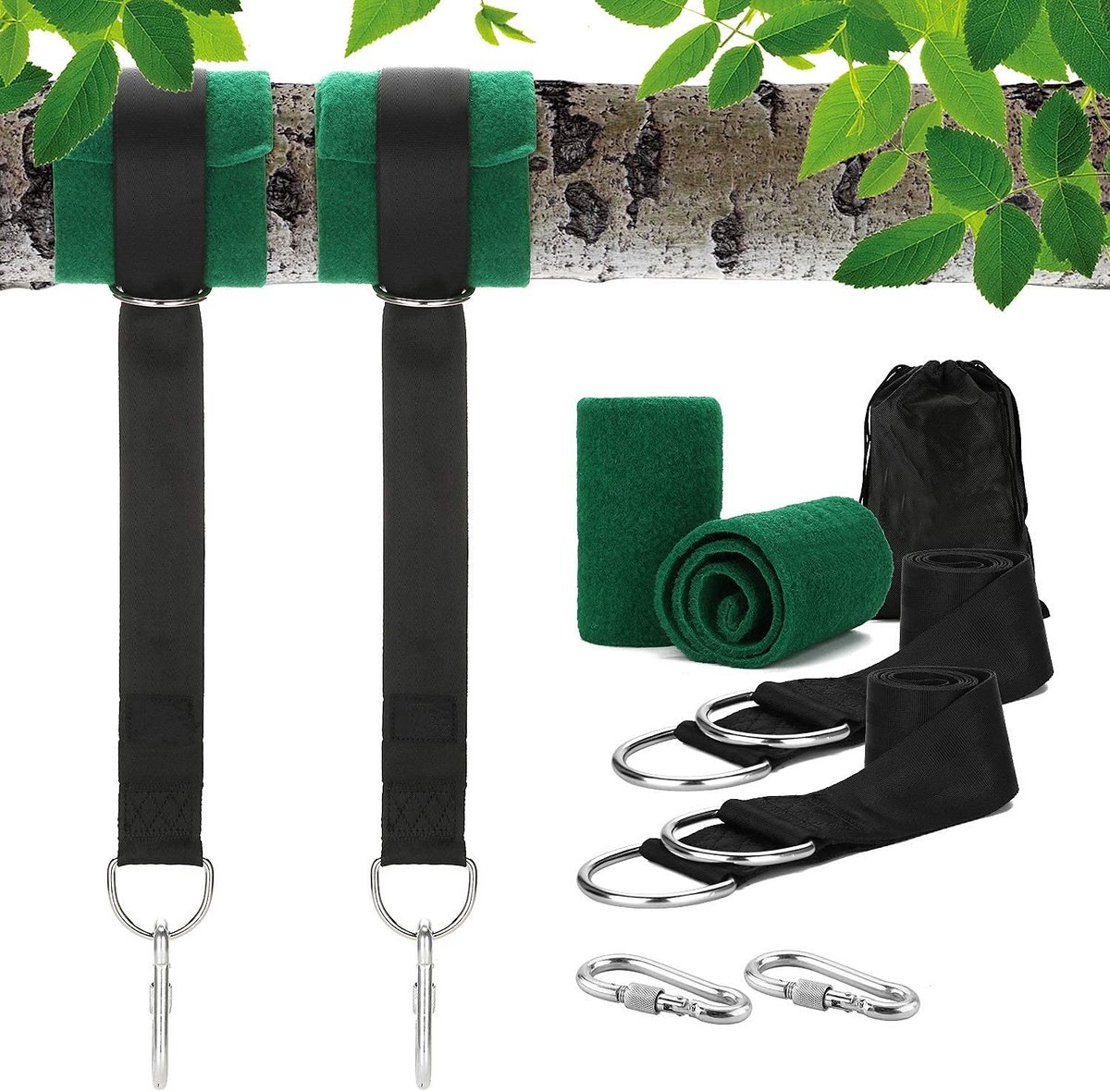 Dailygoods - Boomschommel Ophangset - Ultra Sterke Schommelbandjes met Karabijnhaak en Boom Bescherming
