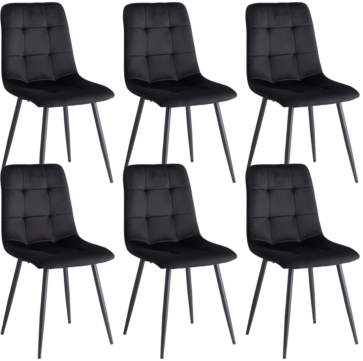 Questyr Eetkamerstoelen – Set van 6 – Fluweel – Zwart – Comfortabele Scandinavische Stoelen met Zachte Zitting & Houten Poten
