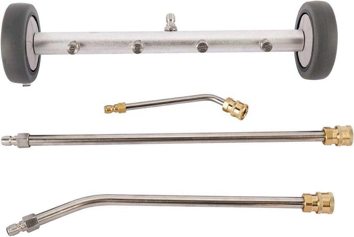Dailygoods- Waterbezemset 16'' - Onderstel Hogedrukreiniger - 4 Roestvrijstalen Sproeiers - 2 Verlengstangen - 1500-4000 PSI - Duurzaam Aluminium - Onderstelreiniger
