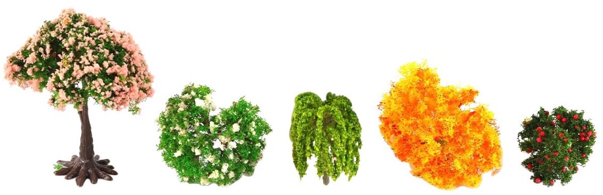 Dailygoods- Miniatuurmodelbomen 5-delig - Weerbestendig - Botanische Nauwkeurigheid - Asymmetrische Bladerdak - Compatibel met Derden - Hoogte 5,2-7,1 cm - Modelbomen