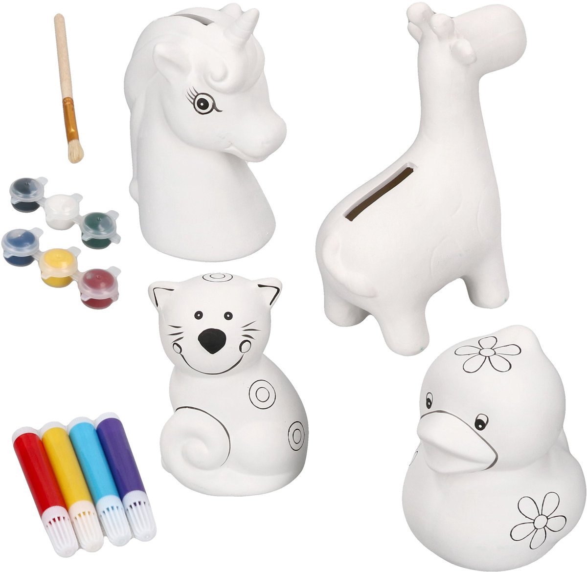 4-delige set spaarpotten voor meisjes om te schilderen, elk 1x eend, eenhoorn, giraffe & kat inclusief verf & kwast – 19280, 19284, 87697 & 87700