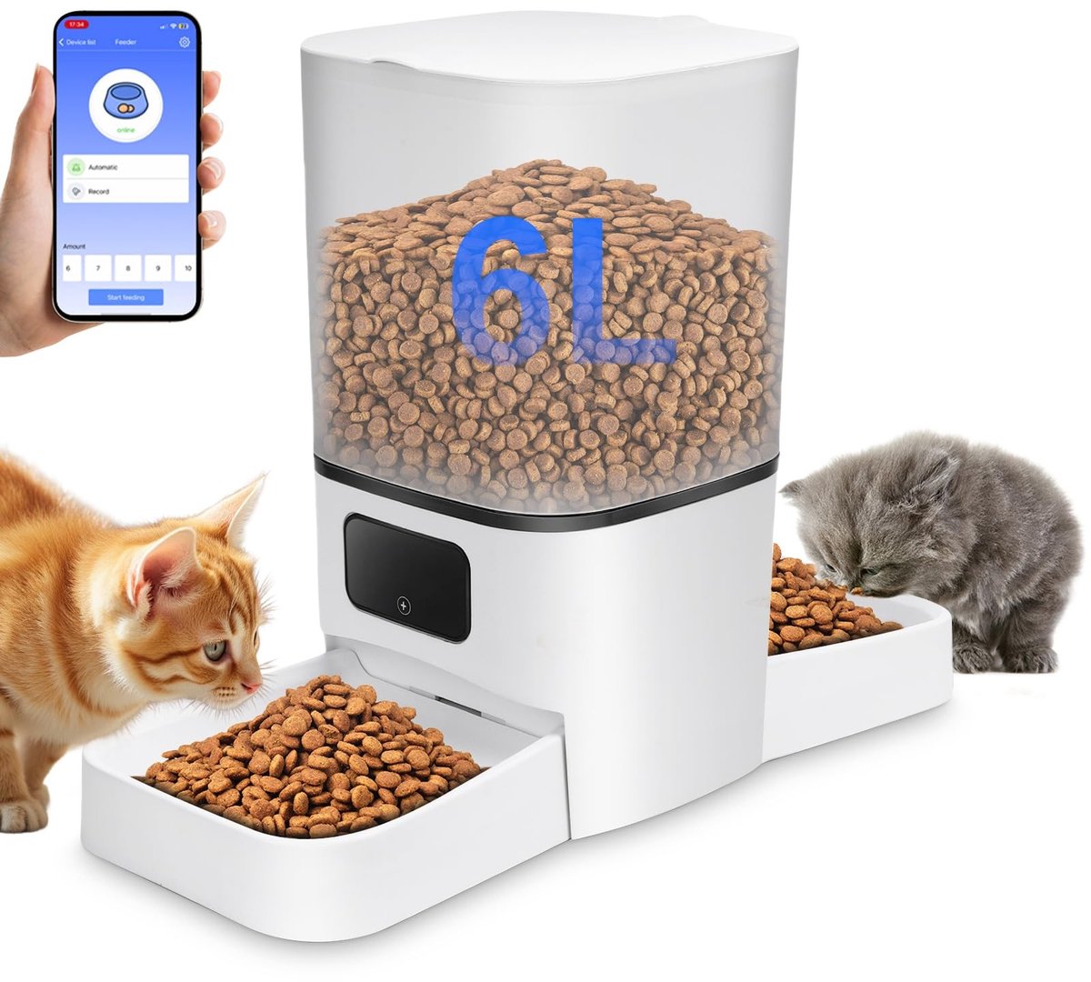 Dailygoods- Voederautomaat 6L - Intelligente Voederdispenser - Dubbele Kom - USB Voeding - Voor 2 Katten/Honden - Wit/ABS Materiaal