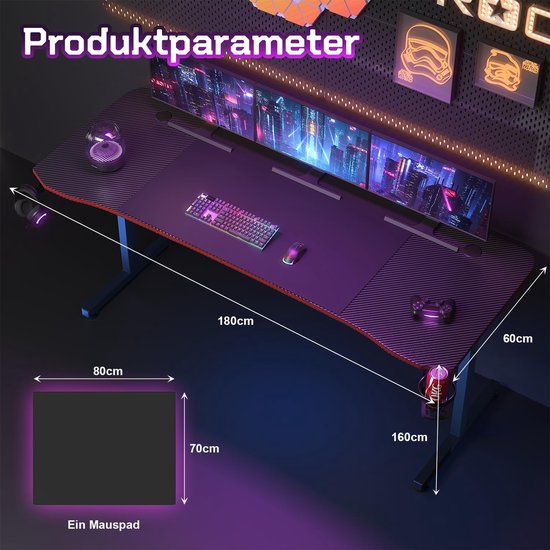 Gaming Tafel 180 x 60 cm - Zwart met Headsethouder en Beershouder van Merkloos — afbeelding 3
