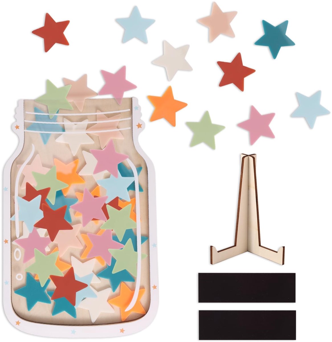 Dailygoods- Beloningspot Multicolor - Houten Pot - Magneten - 50 Beloningssterren - 2 Houders - 21 x 13.5 x 0.8 cm - Beloningsysteem
