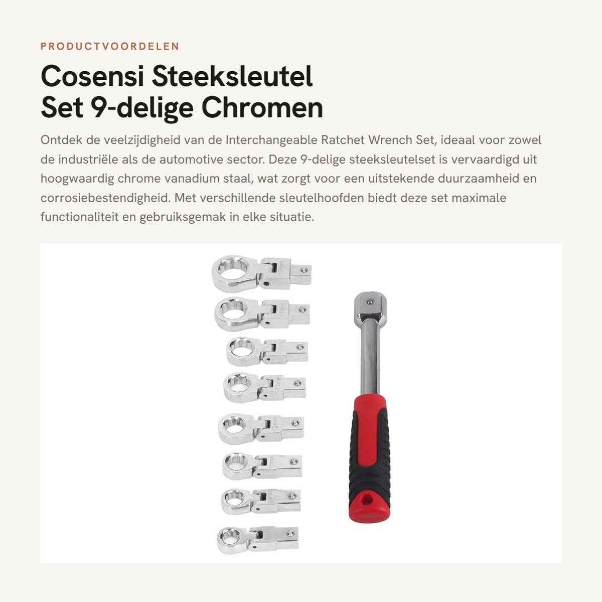 Dailygoods- Ratelsleutelset 9-Delig - Chrome Vanadium Staal - Interchangeable Wrench Heads - Slijtvast - Gemakkelijk Toegankelijk - Gegraveerde Specificaties - Steeksleutelset