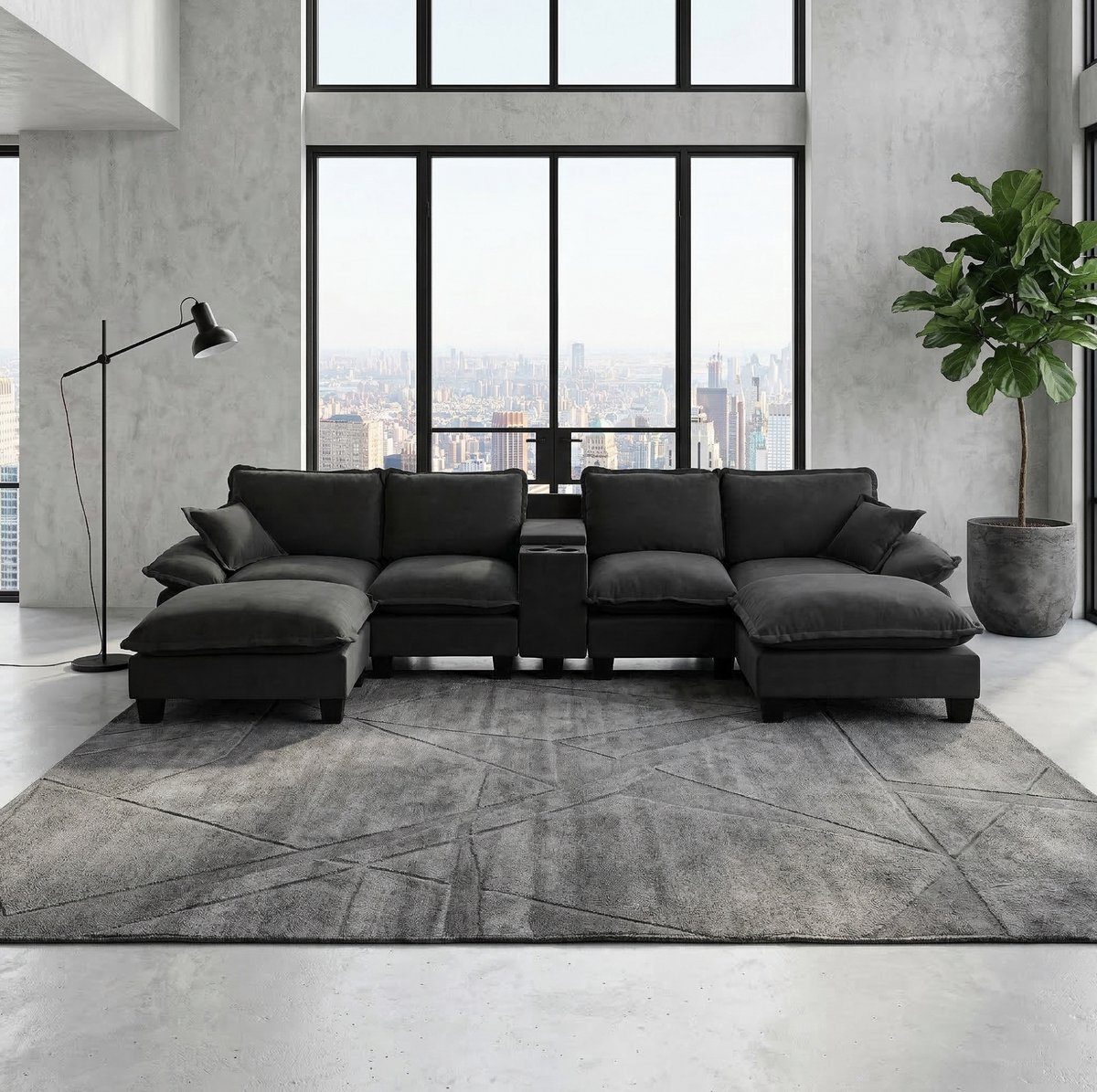 HAUSS SPOLE U-Bank - Modulaire Cloud Sofa - Met Opbergruimte, Usb En Bekerhouders - Voor Woonkamer En Appartement - Chenille Zwart