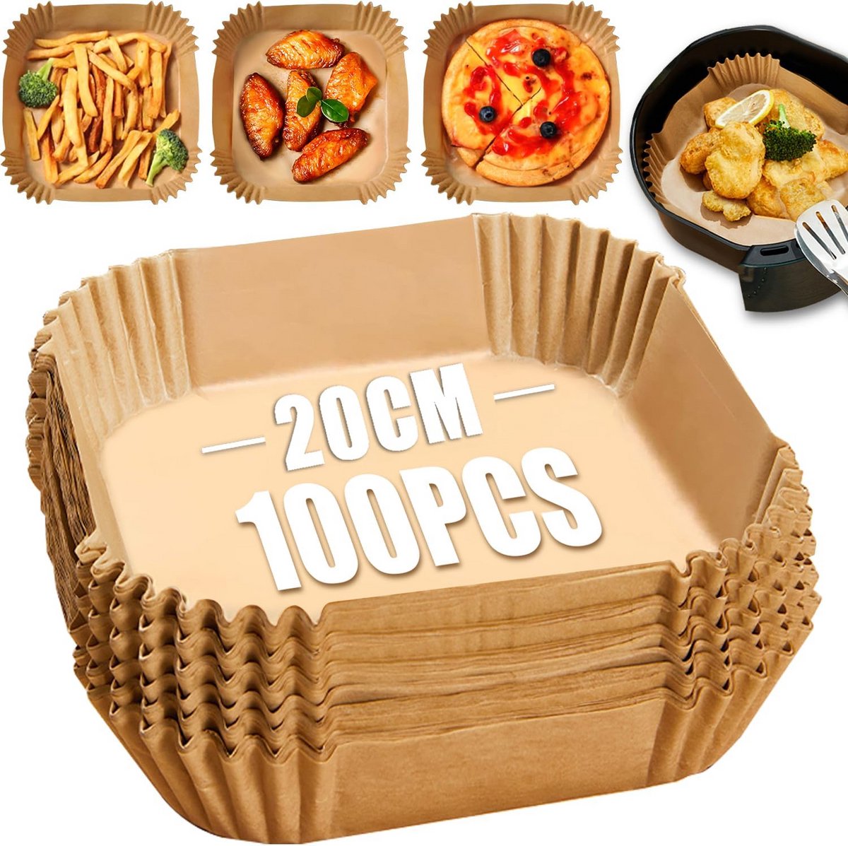 Bakpapier voor heteluchtfriteuse Airfryer accessoires Gezond koken Verhoogde rand 100 stuks Natuurlijk