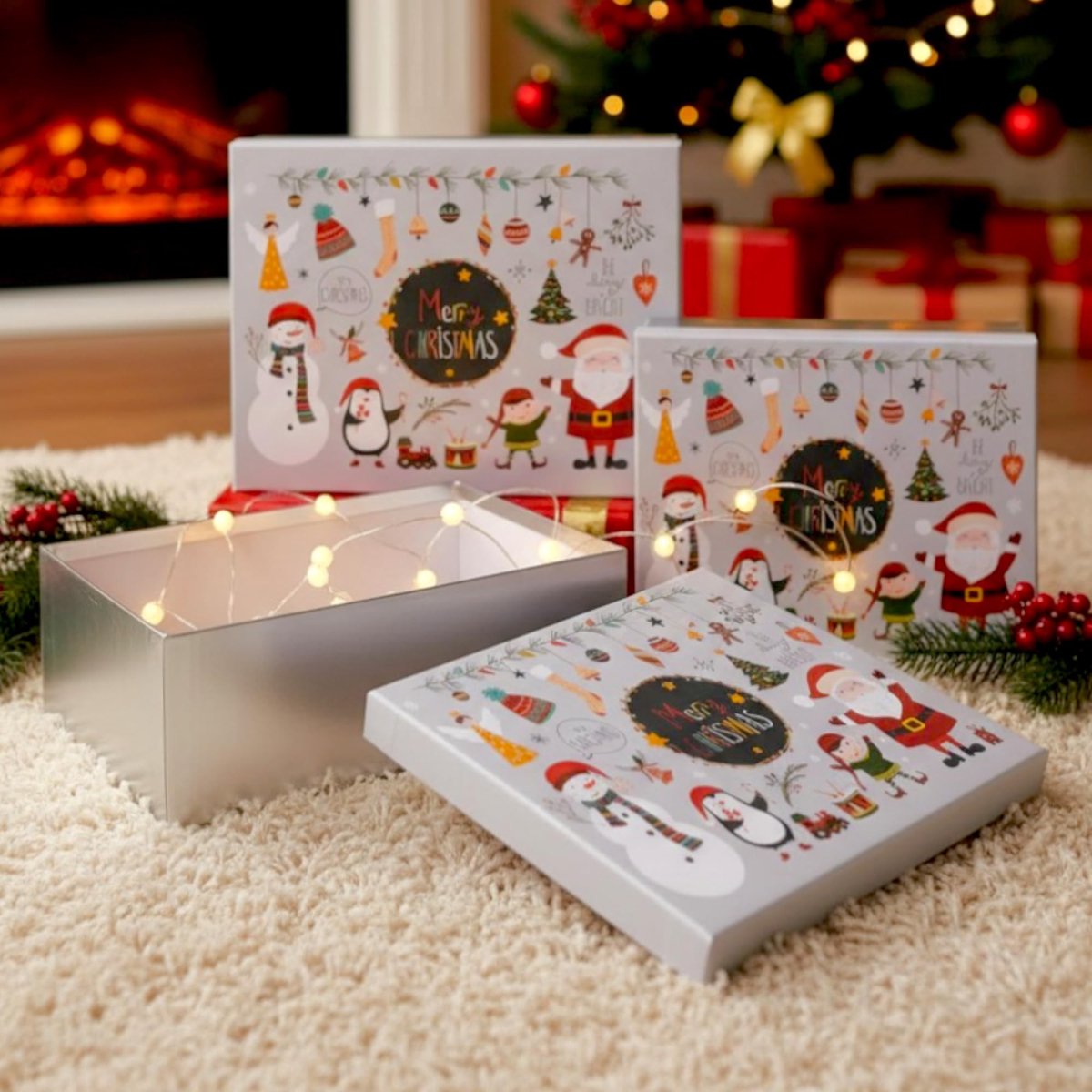 Dailygoods- Geschenkdoos 3-delige set - Zilverkleurig - Kerstverpakking - Geschenkdozen met deksel - Feestelijk design - Afmetingen ca. 36x29,5x11 cm - Cadeauverpakking