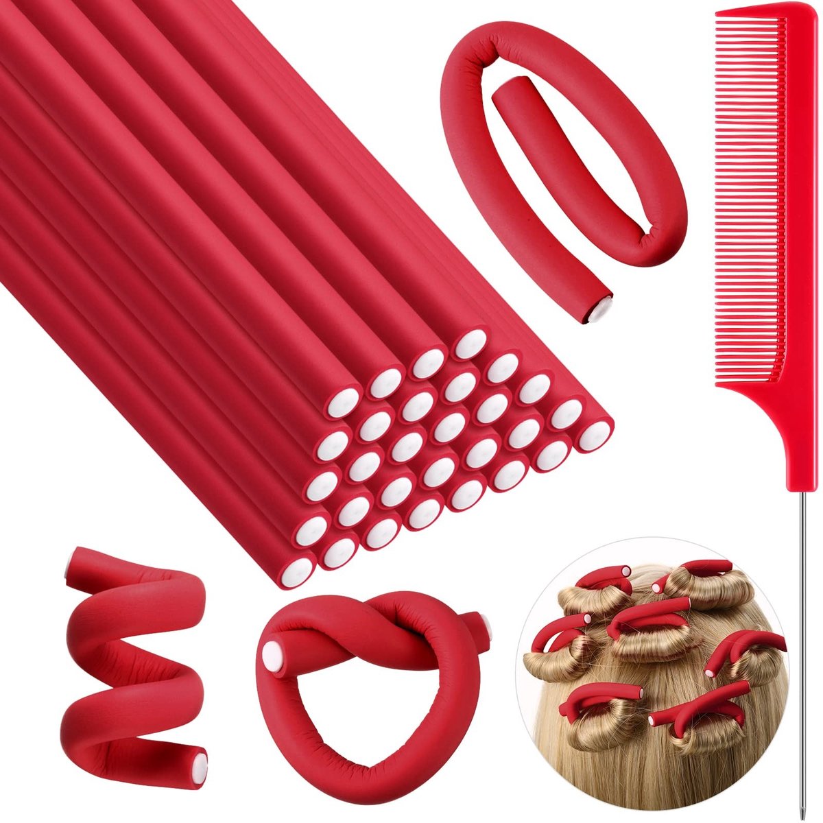 Dailygoods- Krulspelden 30 stuks - Flexibele Krulspelden - Geen Hitte - Rattenstaartkam - Voor Dames/Meisjes - 18 x 0,8 cm - Haarrollers