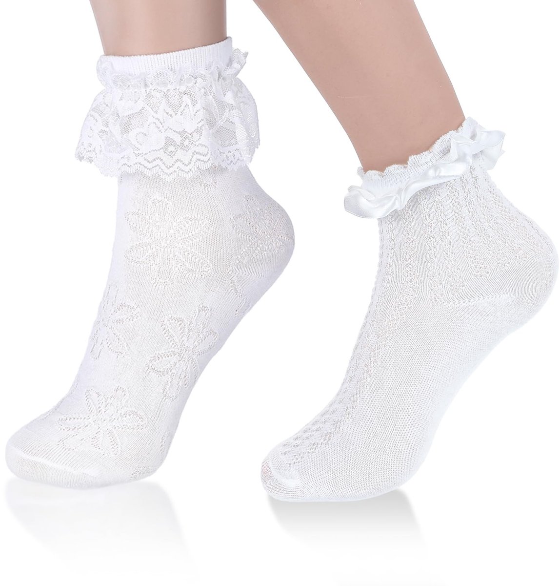Dailygoods- Spitzensokken met ruches - 2 Paar - Dames - Katoenen - Ademend - Perfecte pasvorm 36-42 - Damesokken