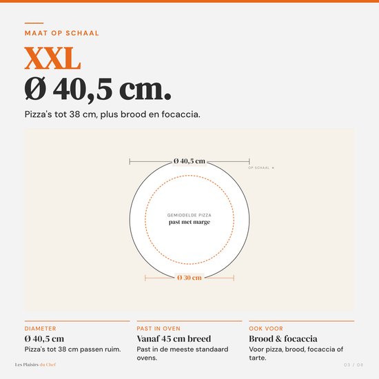 Illustratie van een 40,5 cm pizzasteen met aangegeven diameter voor pizza's tot 38 cm.