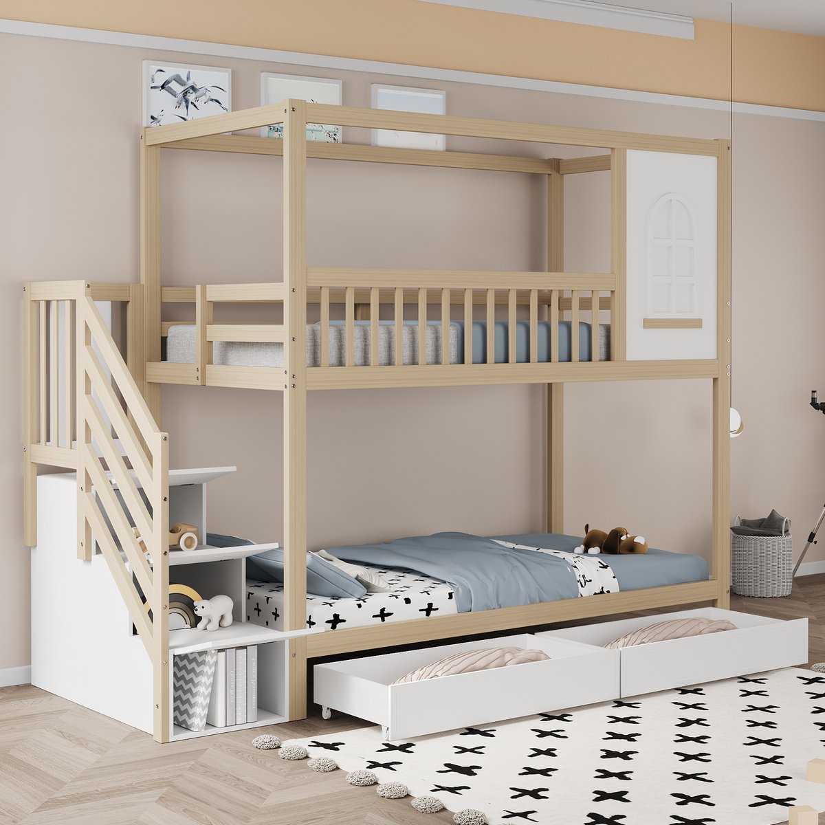 DESMIU Stapelbed 90x200 cm – Kinderbed Met Huisdesign En Veiligheidsladder – Opberglades In Treden En Onderbed – Massief Hout – Naturel – Zonder Matras