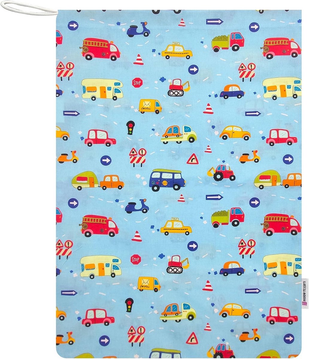 Kleuterschooltas - Baby kleding tas - Slaapzak vervoer - Handgemaakt in Italië - 46 x 60 cm - Blauwe auto's