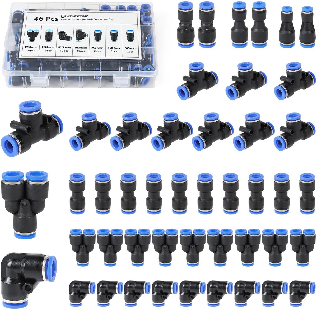 Dailygoods- Stekkerset 46-delig - Rechte/Hoek/Y/T-aansluiting - Verloopaansluiting 4-6/4-8/6-8 - Snelkoppelingen - Voor 8mm slang - Inclusief installatie tips - Aansluitset
