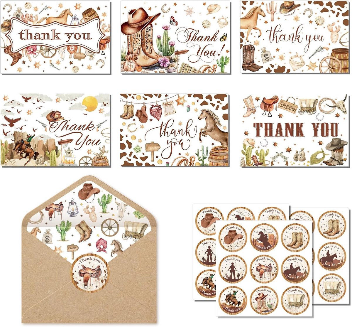 Bedankkaarten Set - Westerse kaarten - Oprechte berichten - Compleet met stickers - 24 stuks - Bruin