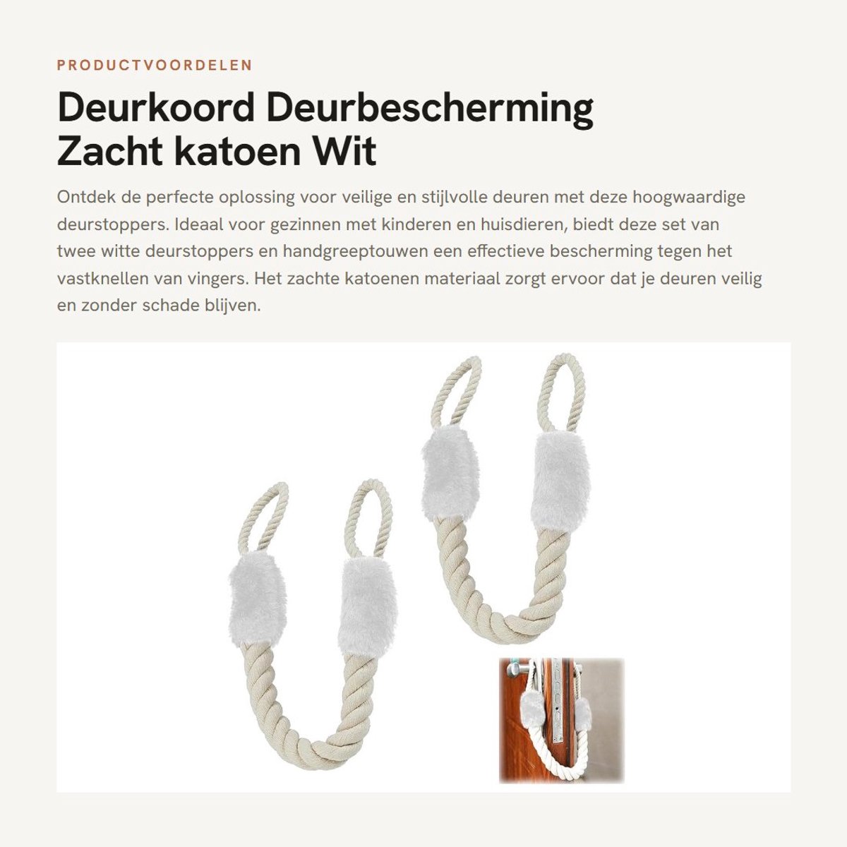 Dailygoods- Deurstopper - 2 Stuks Vlies - Katoenen Deurkoord - Antipinch Klembeveiliging - Veilig Woonaccessoire - Geschikt voor Interieurtextiel - Deurtouw