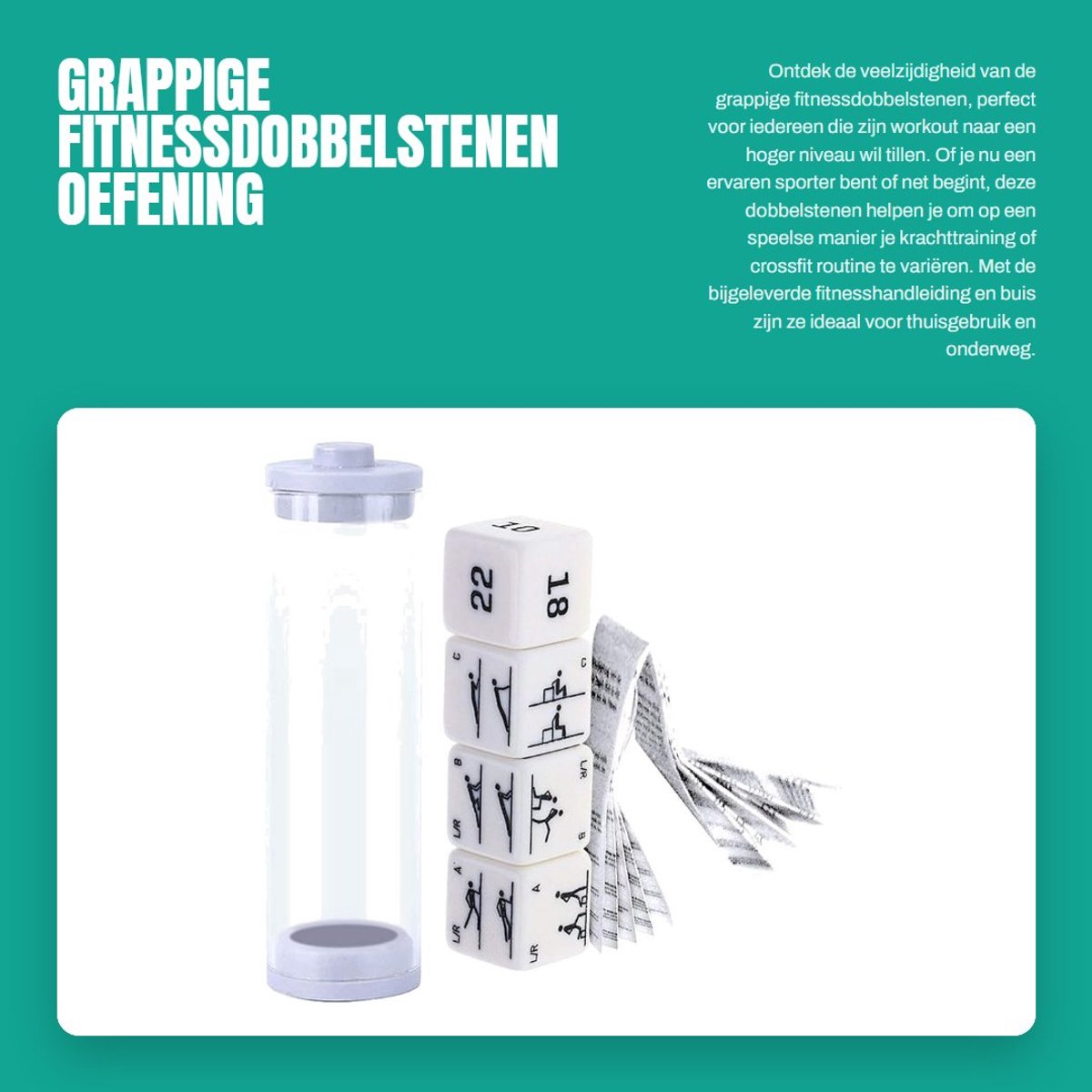 Dailygoods- Fitnessdobbelstenen set van 4 - Draagbaar Trainingsgereedschap - Met Fitnesshandleiding - Acryl - Voor Alle Leeftijdsgroepen - 1x1 Inch - Oefendobbelstenen