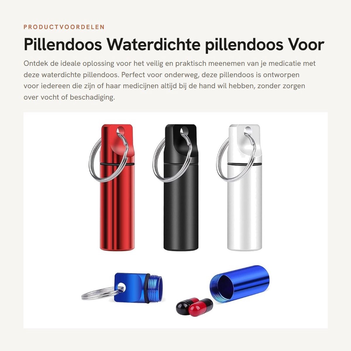 Dailygoods- Pillendoos Waterdicht - Mini Pillendoos - Sleutelhanger - Aluminium - Robuust - 1,7 cm Diameter - 6 cm Hoogte - Medicijncontainer