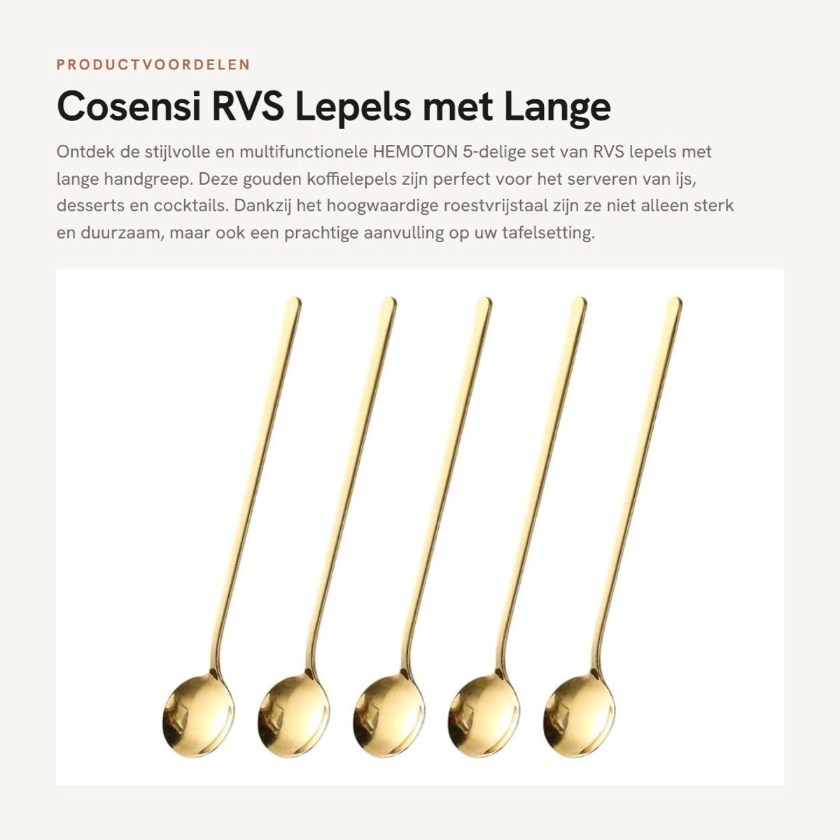 Dailygoods- Lepelset 5 Stuks - Roestvrij Stalen Lepels - Lange Handgreep - IJslepel - Theelepel - Perfect voor Desserts - Gouden Afwerking