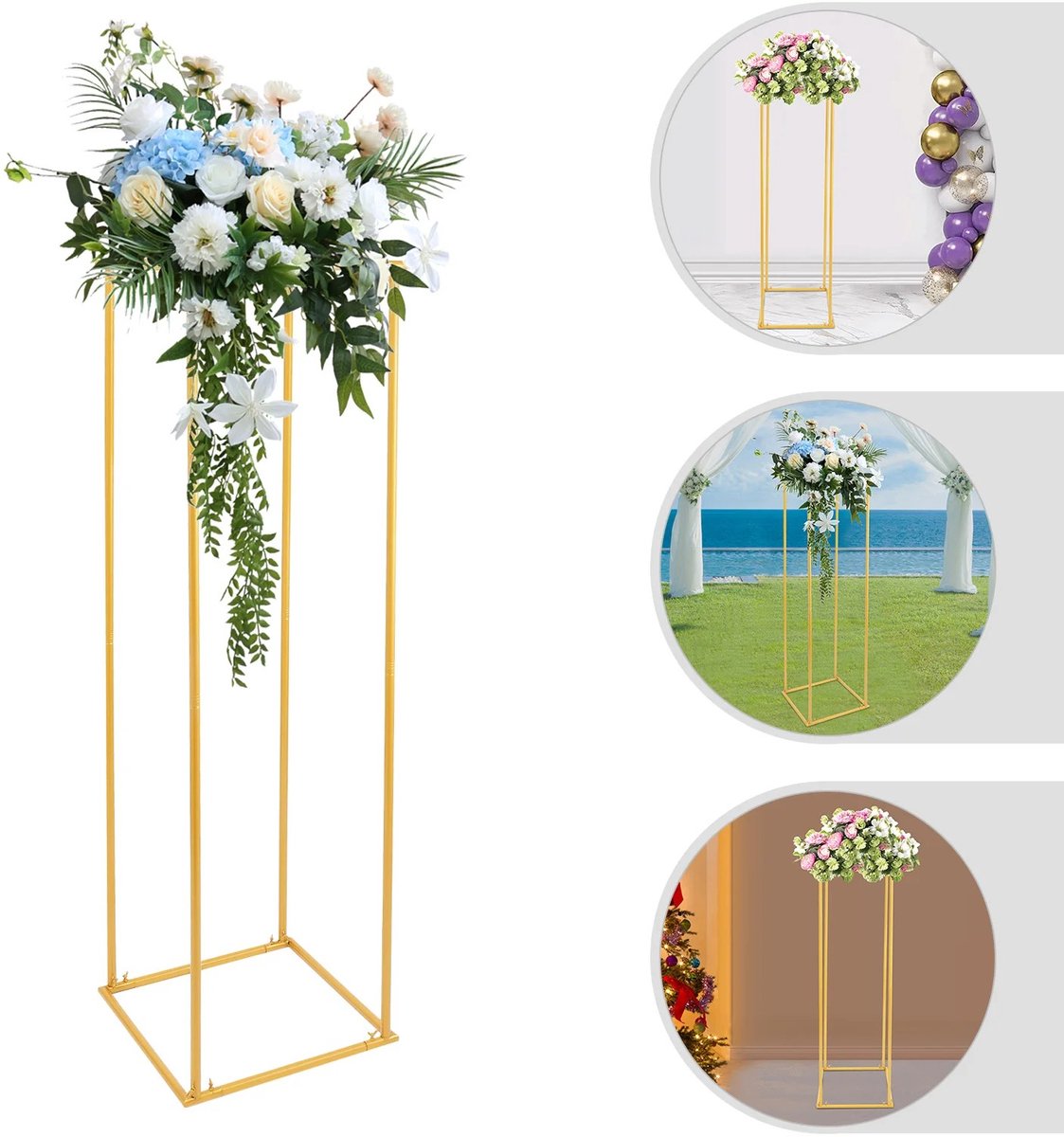 Dailygoods Bloemenstandaard voor bruiloften, 50x50x180cm, gouden metaal, stevige ijzeren constructie voor ceremonies en