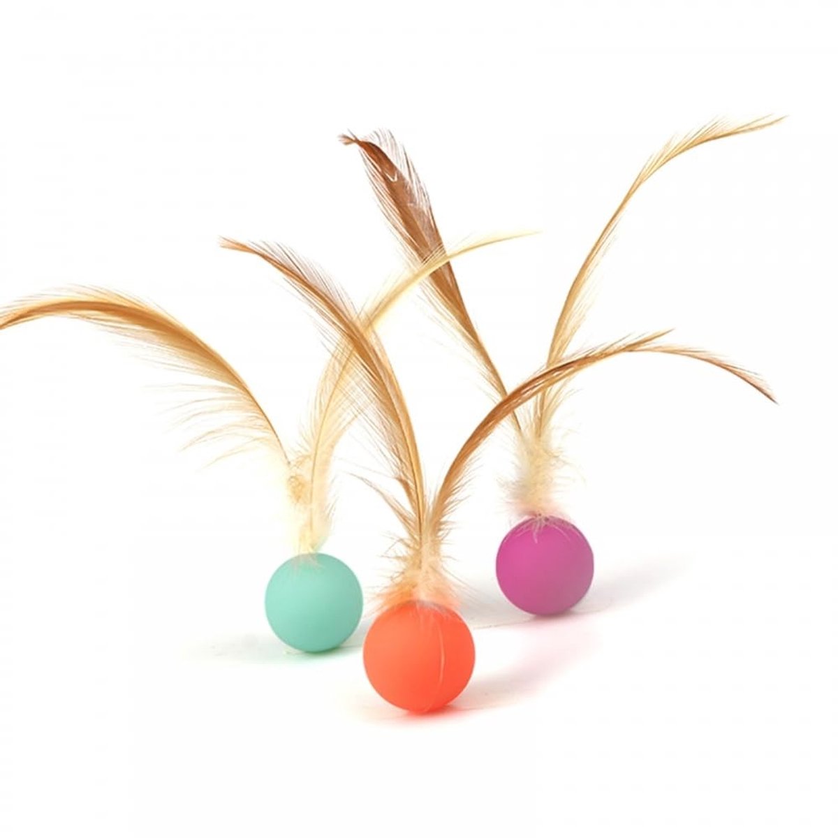 Dailygoods- Kattenballen 3 Stuks - Speelgoed met Veren - Kleurrijke Springballen - Siliconenmateriaal - Veilig en Gezond - Interactie voor Katten - Speelgoedbal