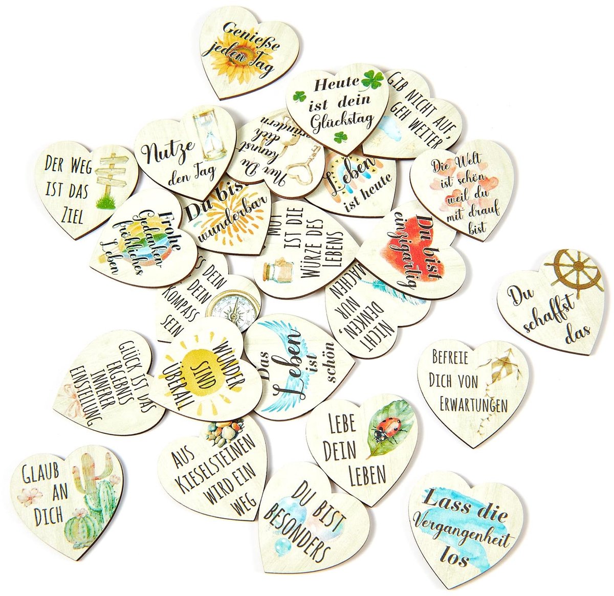 Dailygoods- Geluksbrenger Hartvormig - Houten Geluksstaler - Motivatiecadeau - Tafeldecoratie - Inspirerende Spreuken - Klein Cadeau voor Gasten