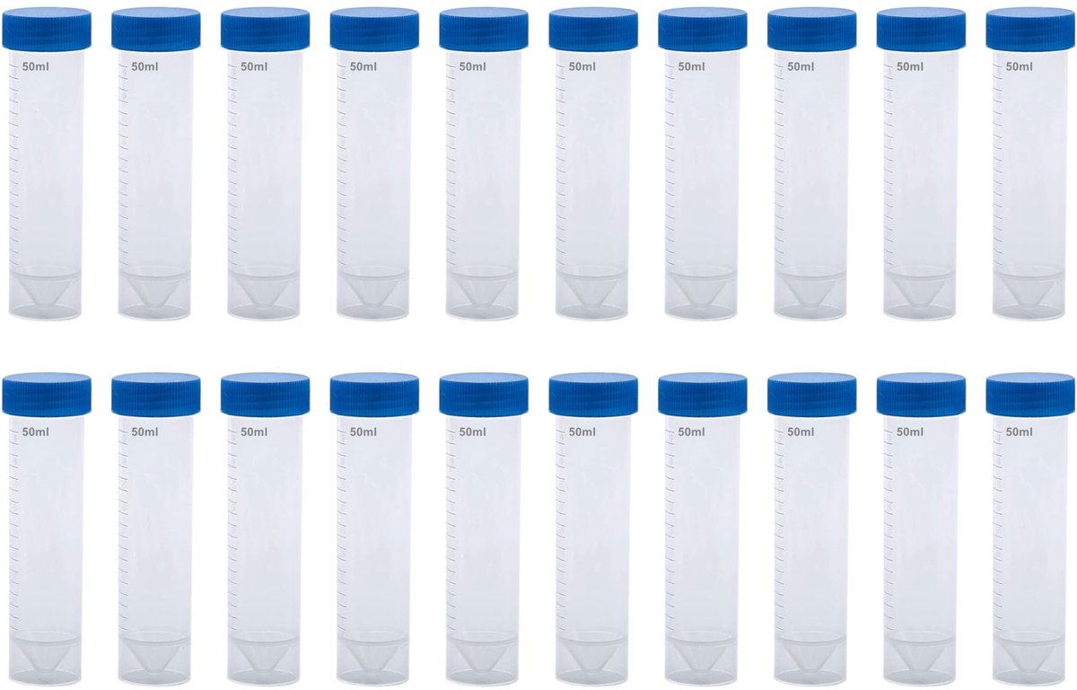 Dailygoods- Reageerbuizen 50 ml - 20 Stuks - Kunststof - Schroefsluitingen - Conisch/Platte Bodem - Geschikt voor Laboratoriumexperimenten - Laboratoriumbuis