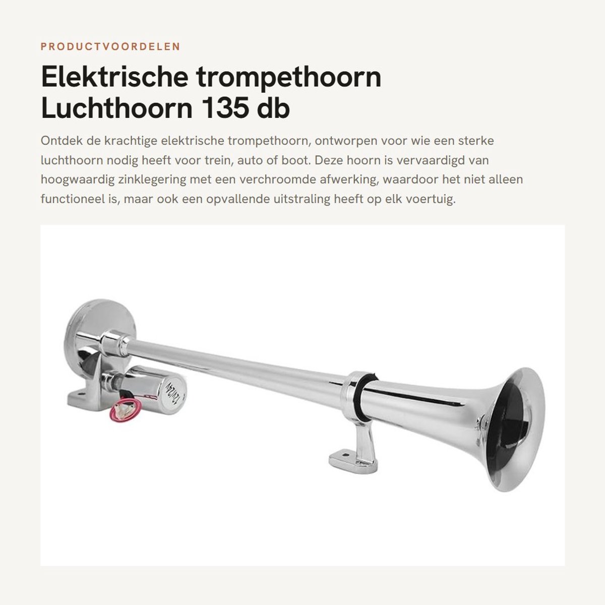 Dailygoods - Elektrische trompethoorn - Luchthoorn 135 db - Verchroomd - 450 mm - Train auto boot - Zinklegering - Krachtige claxon