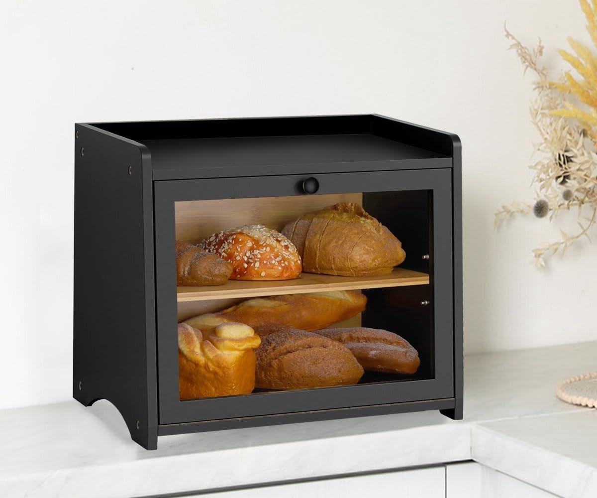 Dailygoods- Broodtrommel Hout - 2 Compartimenten - Ideaal voor Croissants/Brood - Transparant Venster - Duurzaam/Bamboe - Milieuvriendelijk - Brooddoos