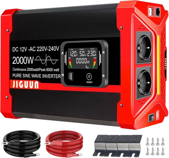 Zuivere Sinus Omvormer - 12V 230V Converter - Stroomvoorziening Onderweg - Afneembare LCD Afstandsbediening - 2000W Continu Vermogen - Zwart