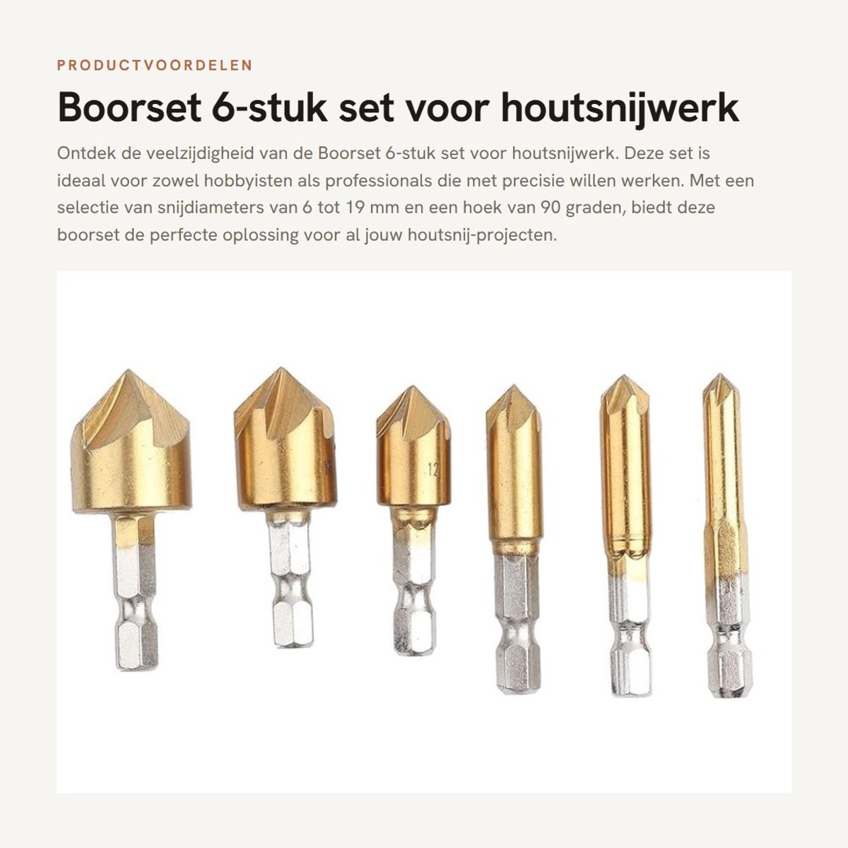 Dailygoods - Boorset 6-stuk set voor houtsnijwerk - Hoge kwaliteit - 90 graden - Houtbewerking - Snijdiameter 6-19 mm - Geschikt voor hout en kunststof