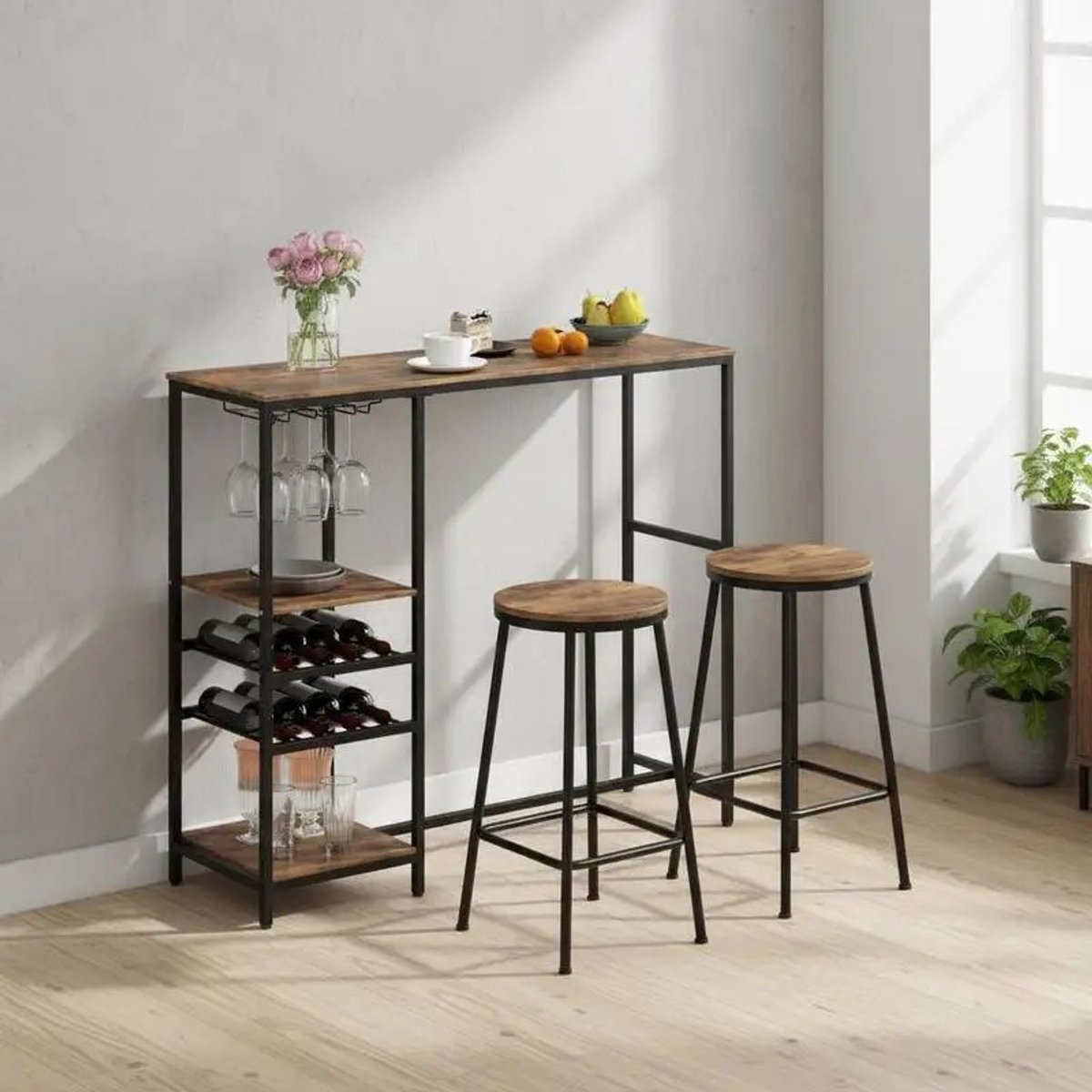 Dailygoods 121 cm lange bartafel, eettafel op barhoogte met opbergplanken, rustiek bruin -