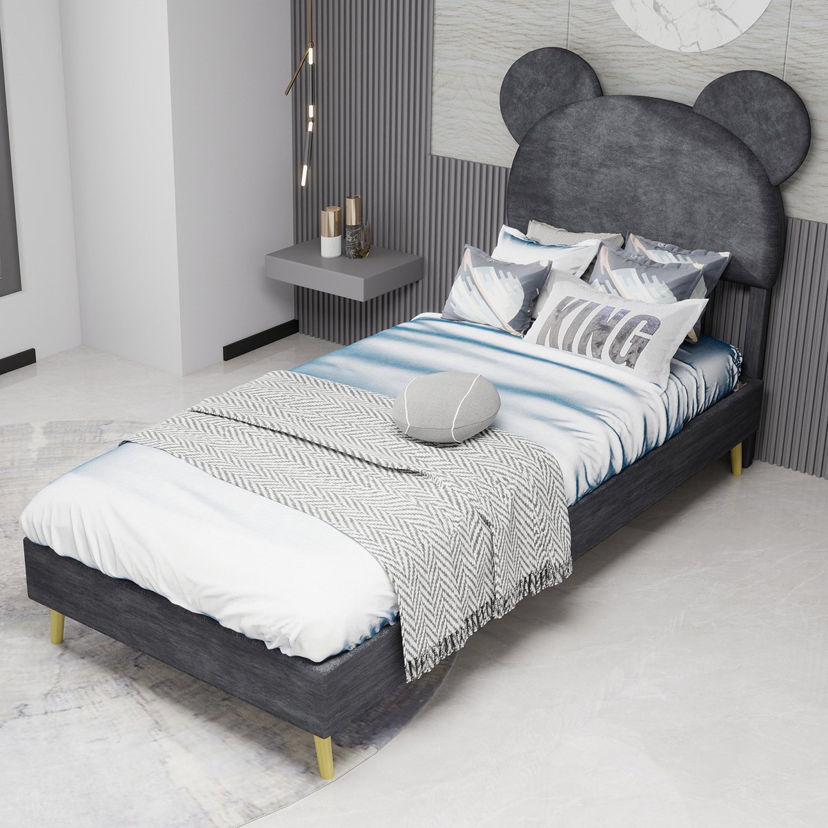 DESMIU Gestoffeerd Bed 90x200cm – Speels Hoofdbord Voor Slaapkamer En Kinderkamer – Opbergruimte Met Gasveer – Voor Kinderen En Jongeren – Stof En Metaal – Zonder matras – Grijs