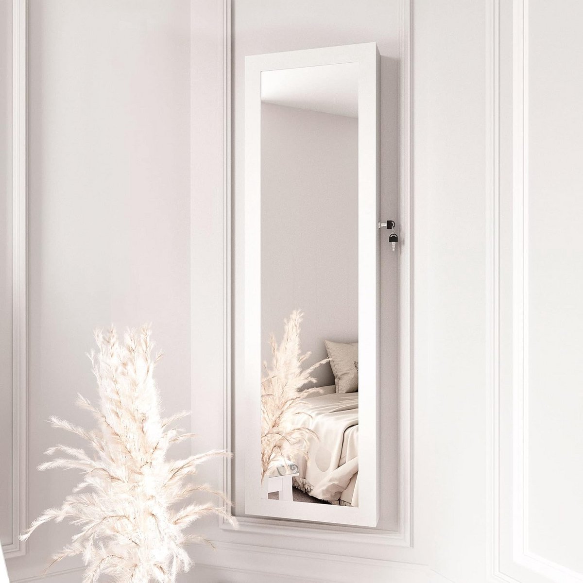 Spiegelkast met verlichting - Sieraden organizer - Slaapkamer opbergen - Afsluitbare opslag - 31.5 x 110 cm - Wit