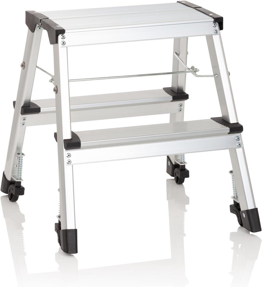 Klapladder met wielen - Aluminium trap - Veilig werken - Dubbelzijdig beloopbaar - 2 treden - Zilverkleurig