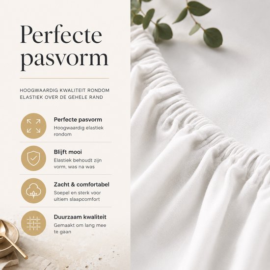 Sluiting van een wit hoeslaken met elastiek, met een gedetailleerde close-up. Tekst: Perfecte pasvorm.