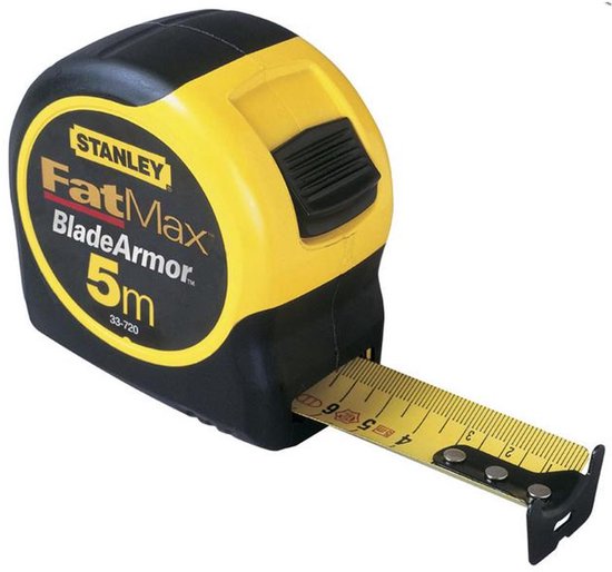 Stanley FatMax Blade Armor rolmaat 5m, geel en zwart, met uitgeschoven meetlint.
