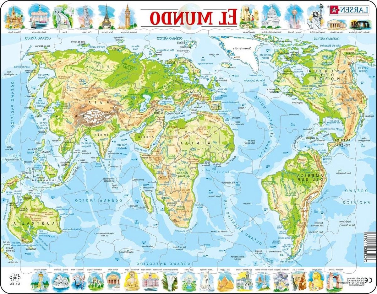 Wereld Puzzel - Fysieke Kaart Puzzel - Aardrijkskunde Leren - Contour en Figuur Stukken - 36.5 x 28.5 cm
