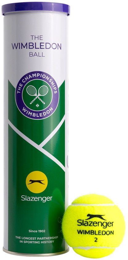 Groene blik voor Wimbledon tennisballen met paarse dop, naast een gele tennisbal met Slazenger Wimbledon logo.