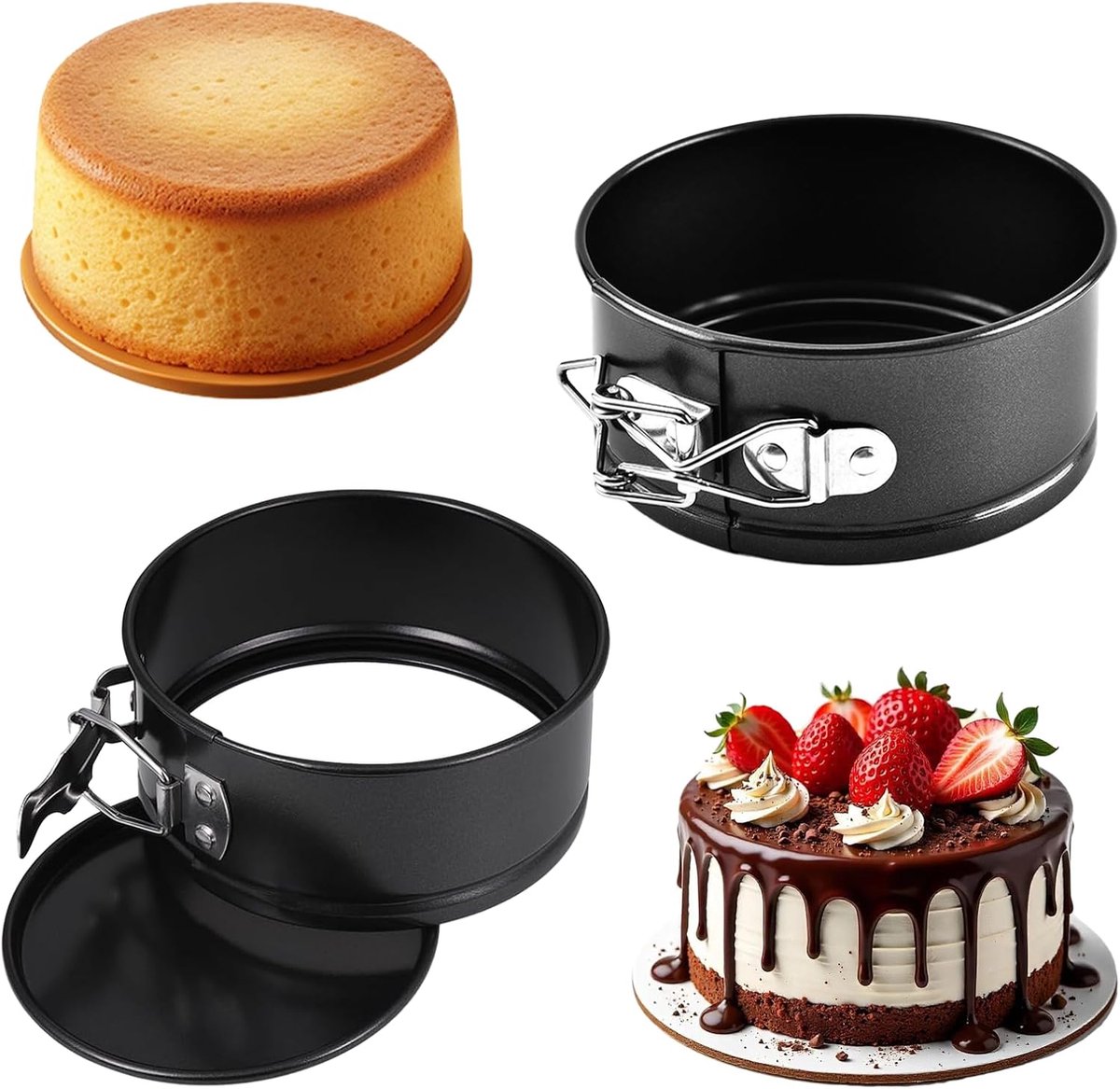 Mini Springvorm Set - Kleine Bakvormen - Cake Bakken - Antiaanbaklaag Bodem - 11 cm Rond - Zwart
