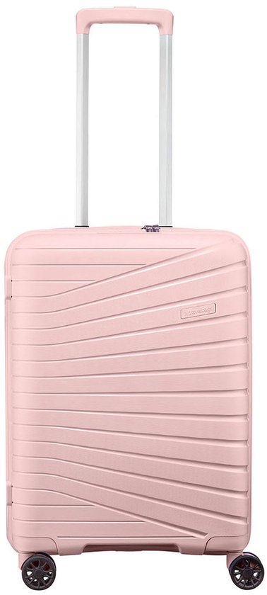 Roze koffer met golvend patroon en zilverkleurig uittrekbaar handvat.
