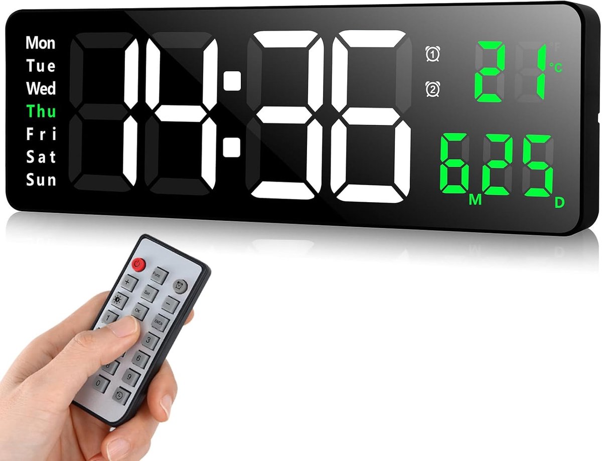 Digitale Wandklok - Grote Led Klok - Tijd Weergeven - Met Afstandsbediening - 33 cm - Groen